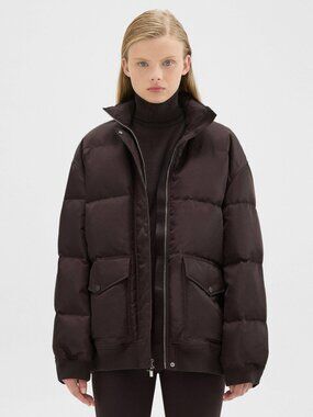 NWT $595 Theory Oversized Down Puffer Bomber Jacket Aero Nylon in MINK Size M/L